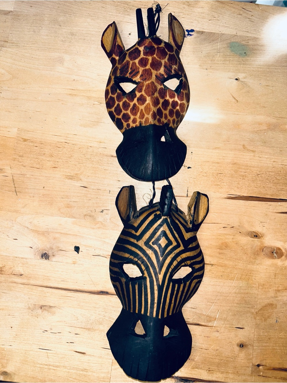 Wooden Hand Carved African Zebra And Giraffe Mask Hanging Wall Art